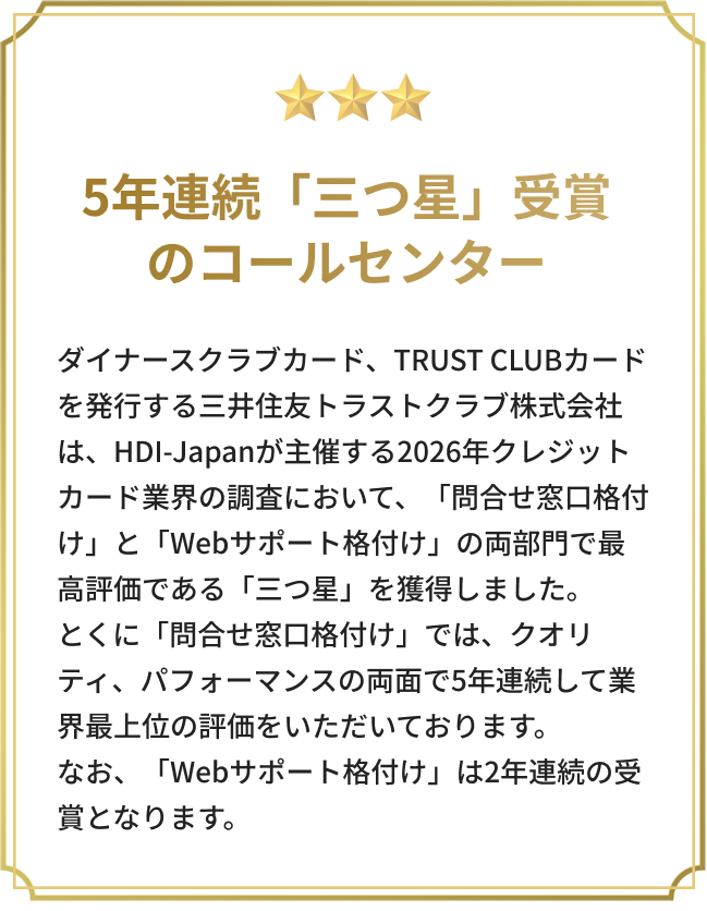 5年連続「三つ星」受賞のコールセンター。HDI-Japan主催の2026年クレジットカード業界の調査において、「問合せ窓口格付け」と「Webサポート格付け」の両部門で最高評価の「三つ星」を獲得しました。
