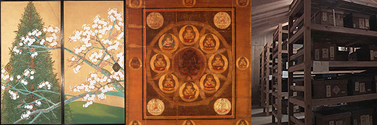 （左）襖絵 堂本印象筆《桜花と杉樹》の内　（中）大輪明王曼荼羅　（右）醍醐寺文書聖教